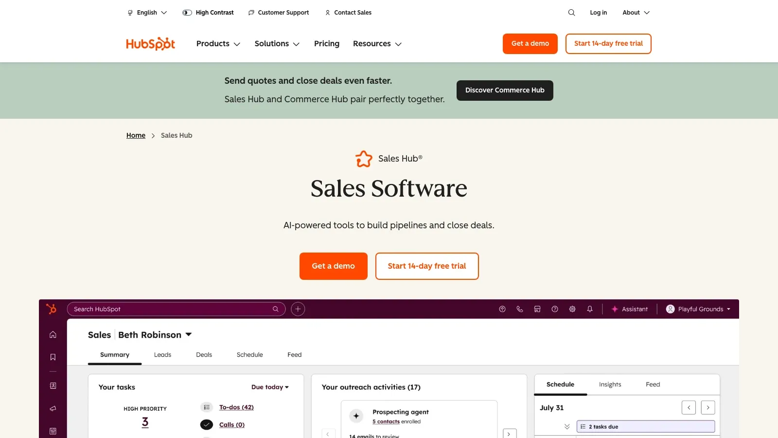 Captura de ecrã do site oficial do HubSpot Sales Hub