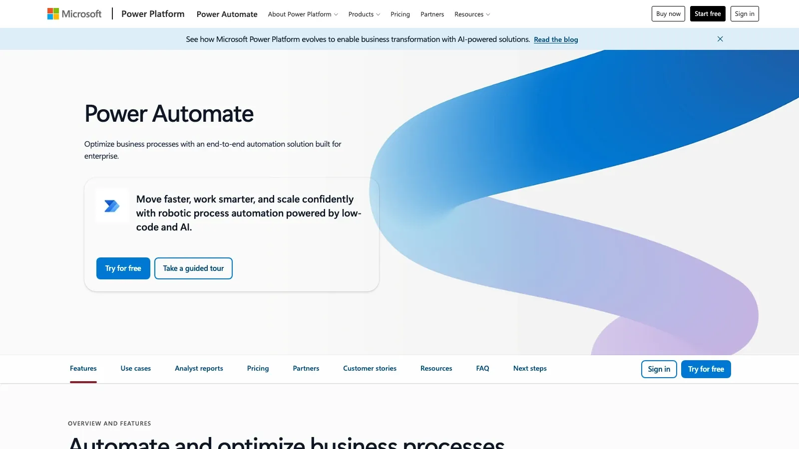 Capture d’écran du site officiel de Microsoft Power Automate