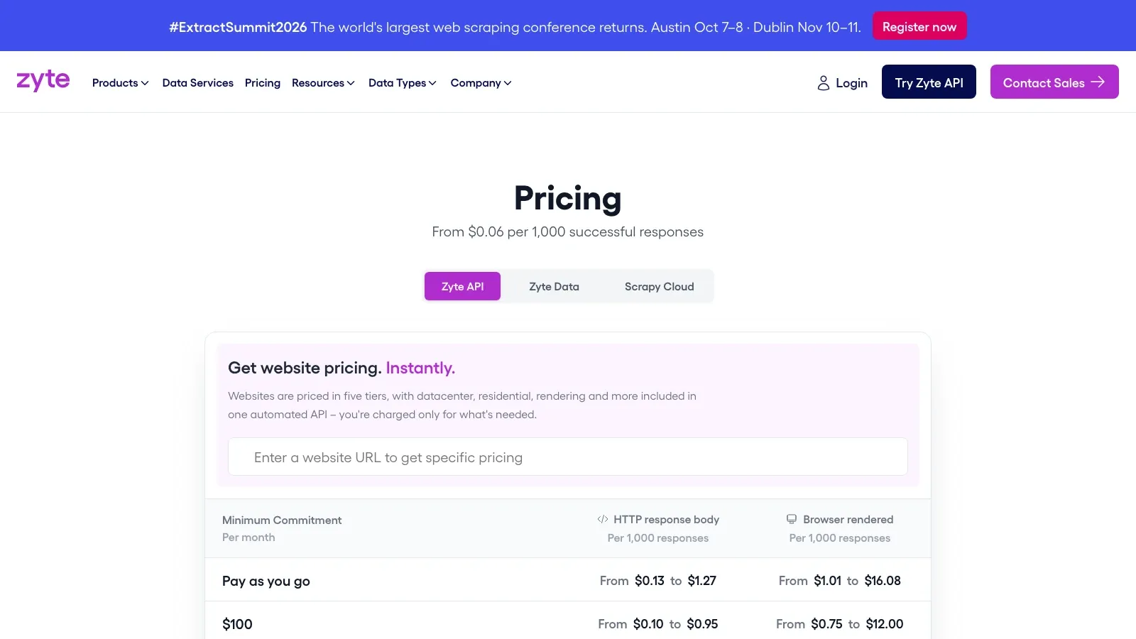 Zyte pricing screenshot