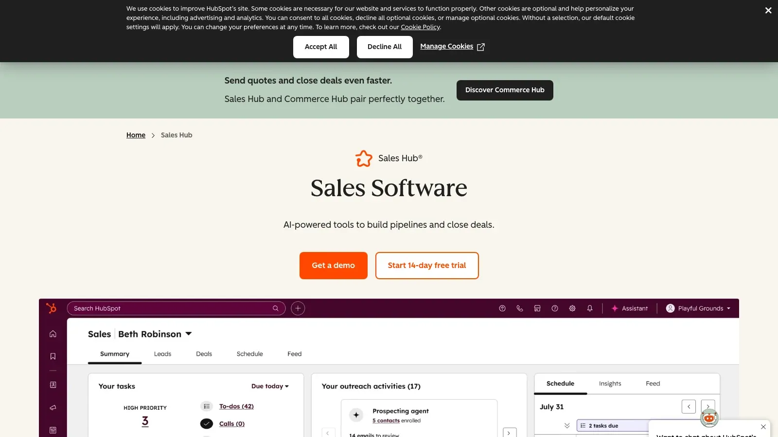 Screenshot del sito ufficiale di HubSpot Sales