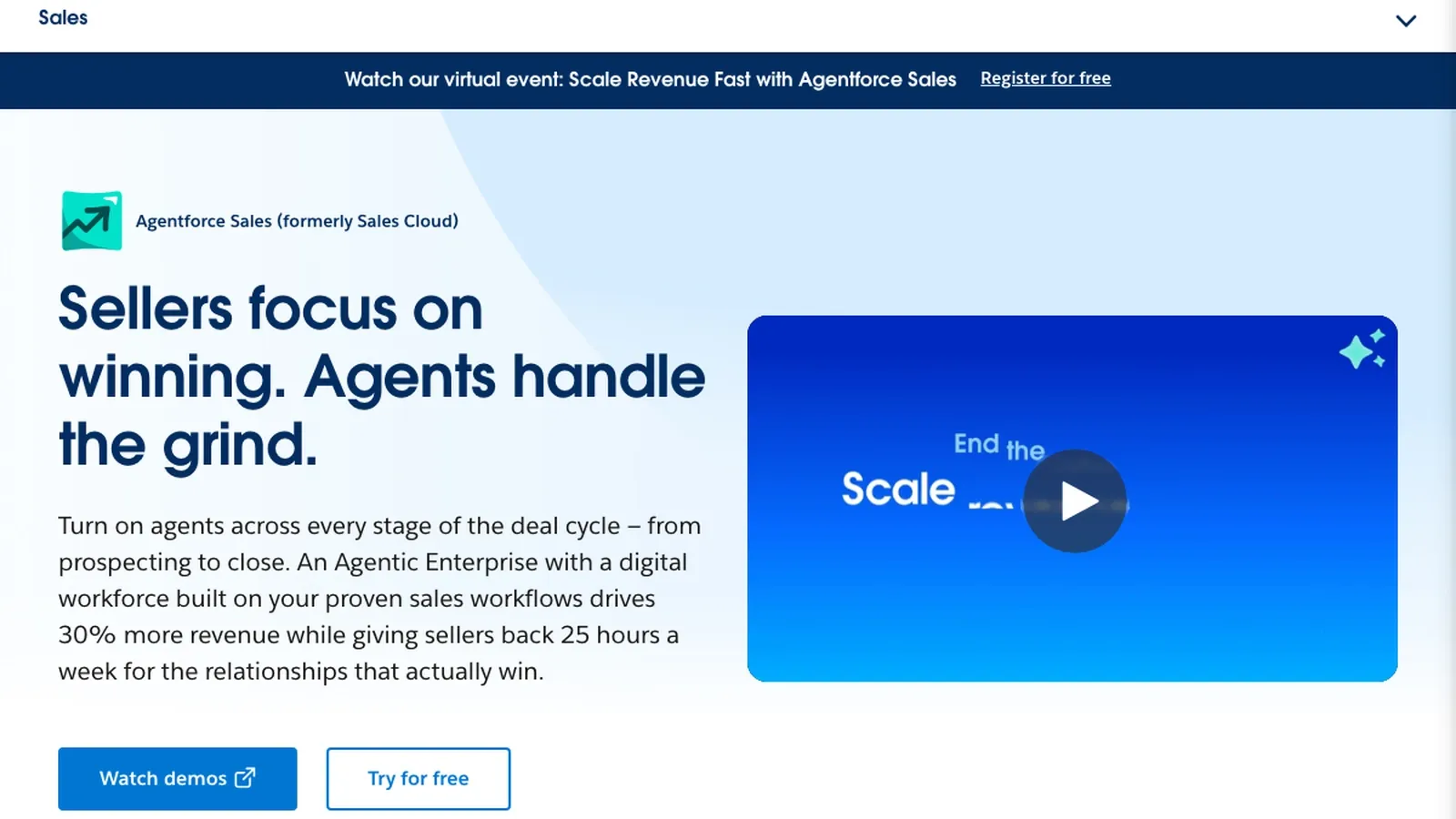 Captura de ecrã do site oficial do Salesforce Sales Cloud