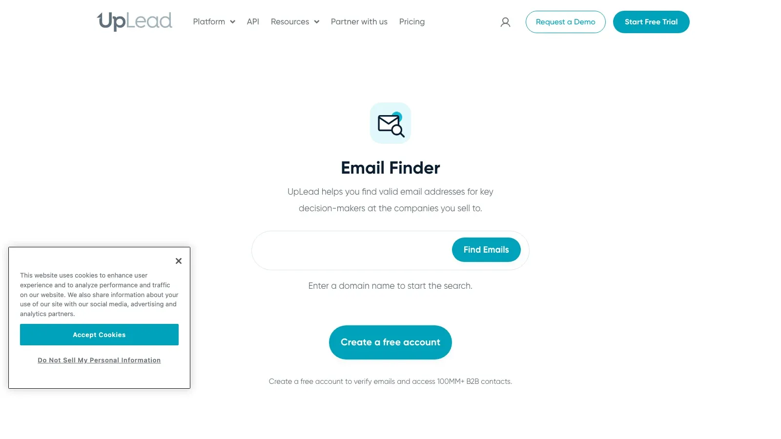 Screenshot der offiziellen UpLead-Website