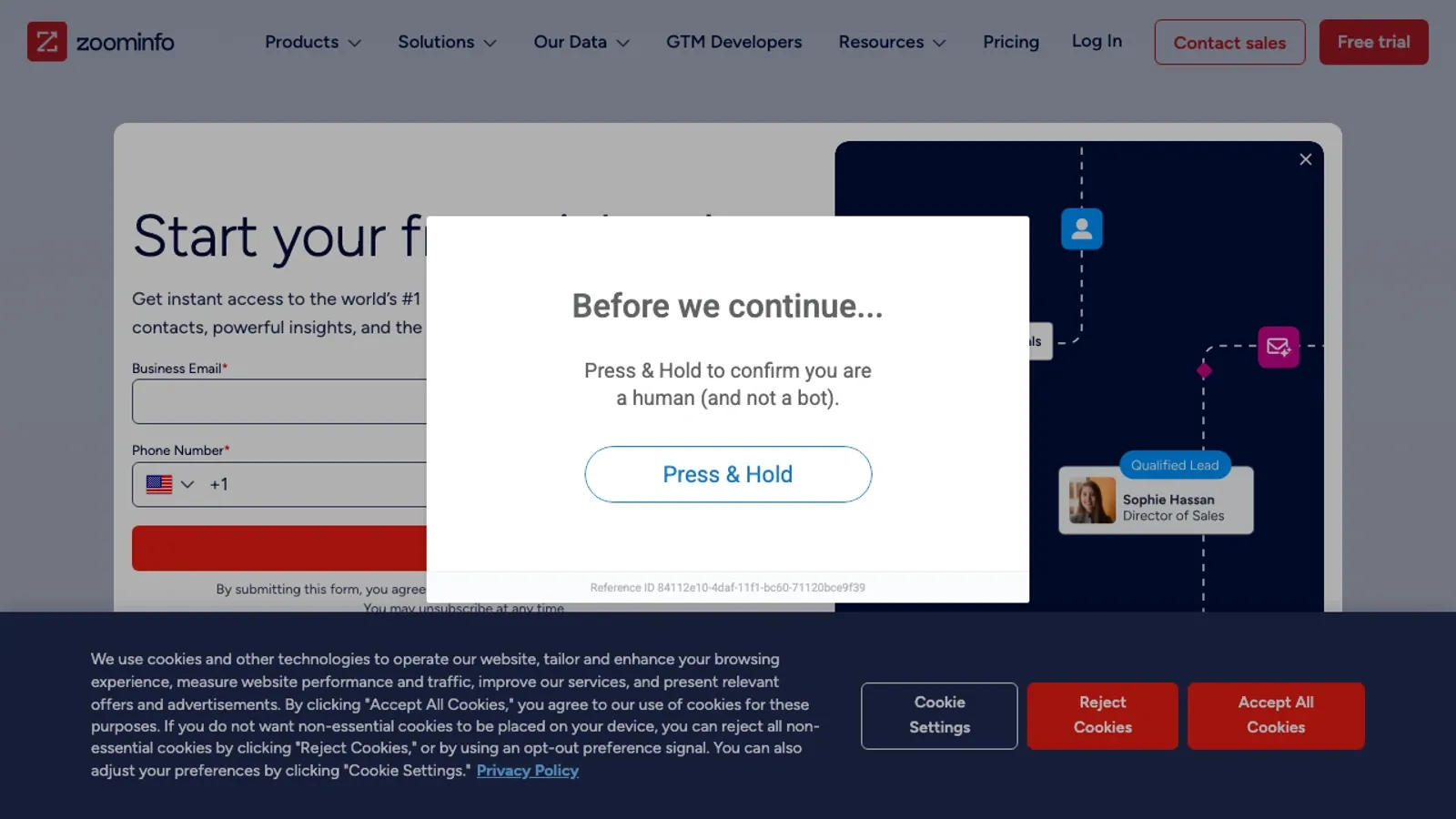 Screenshot del sito ufficiale di ZoomInfo