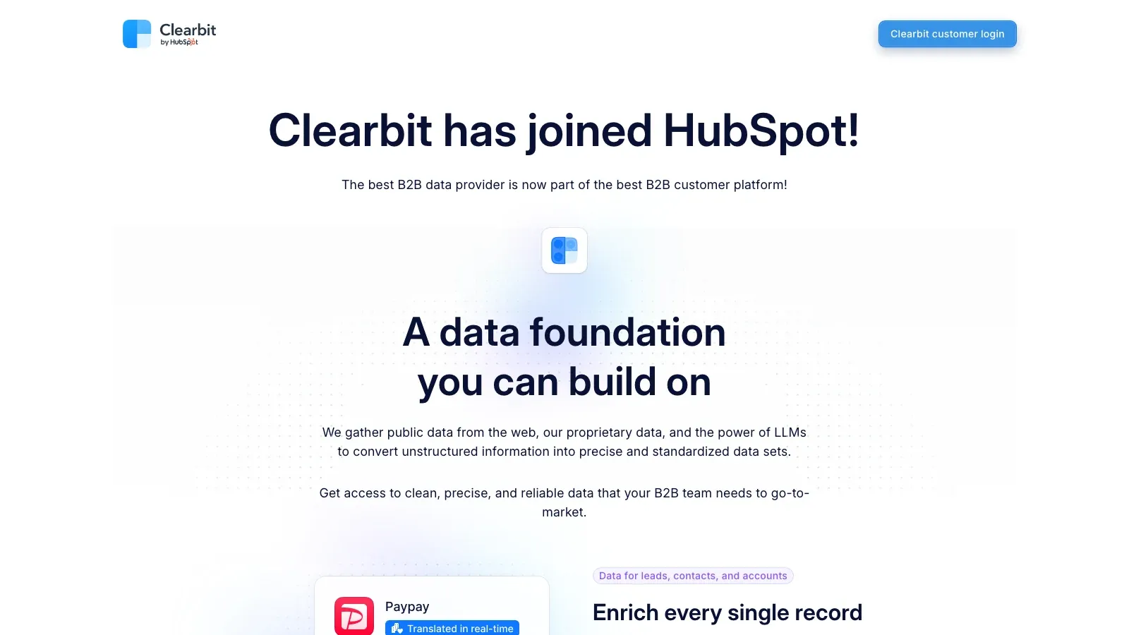 Screenshot del sito ufficiale di Clearbit Connect