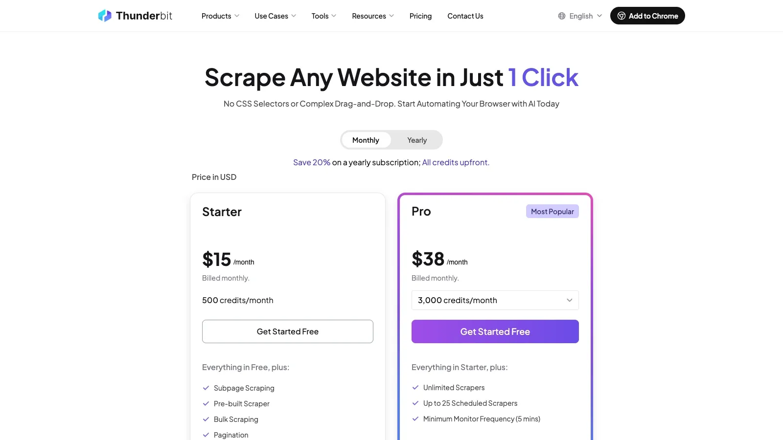 Thunderbit pricing screenshot