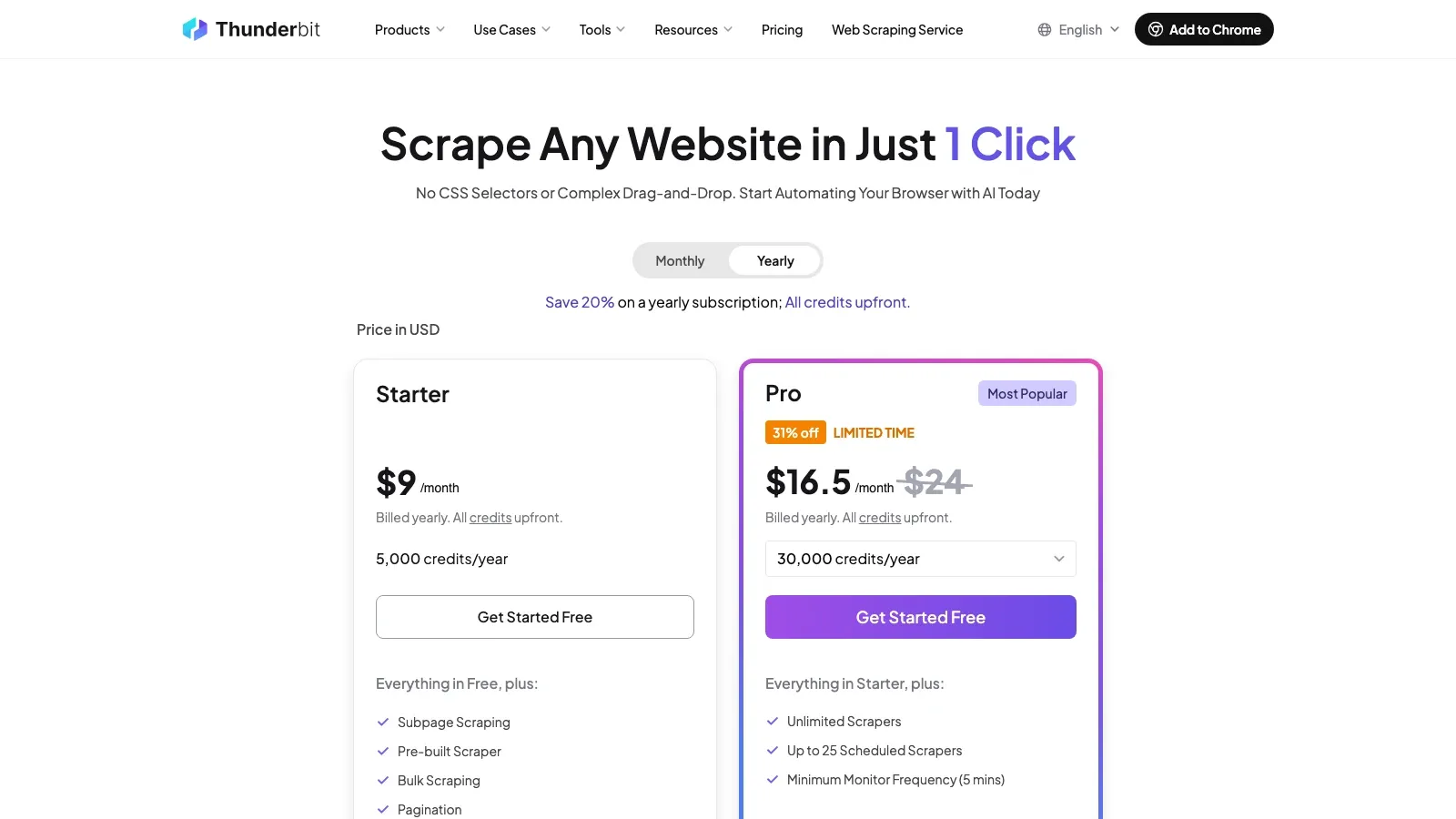 Thunderbit pricing screenshot