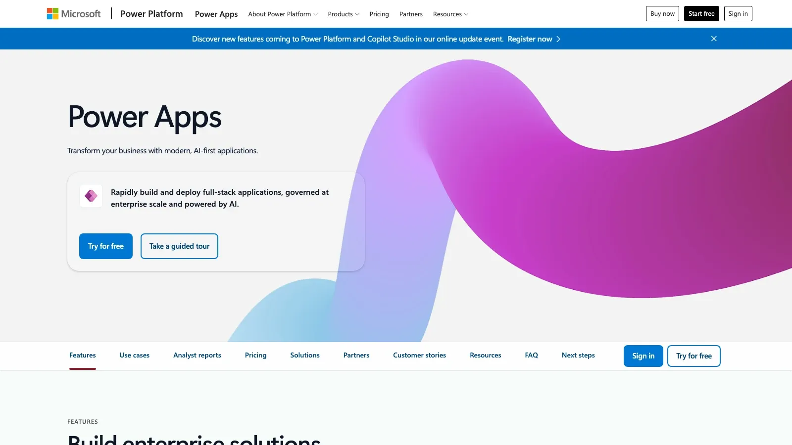 Microsoft Power Apps 官方網站截圖