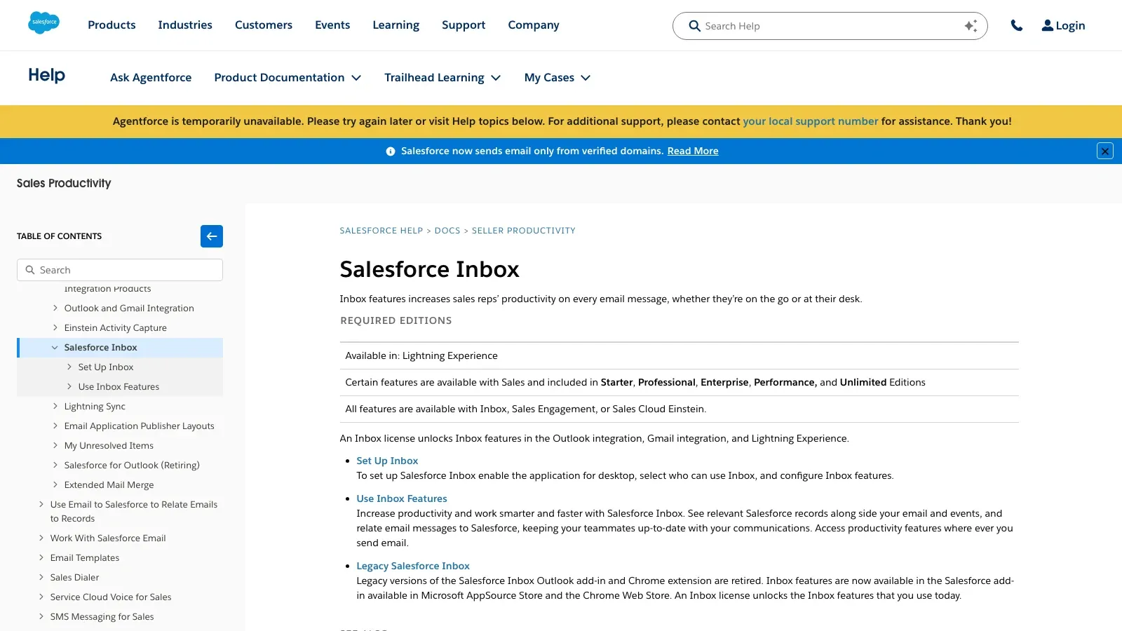 Screenshot del sito ufficiale di Salesforce Inbox