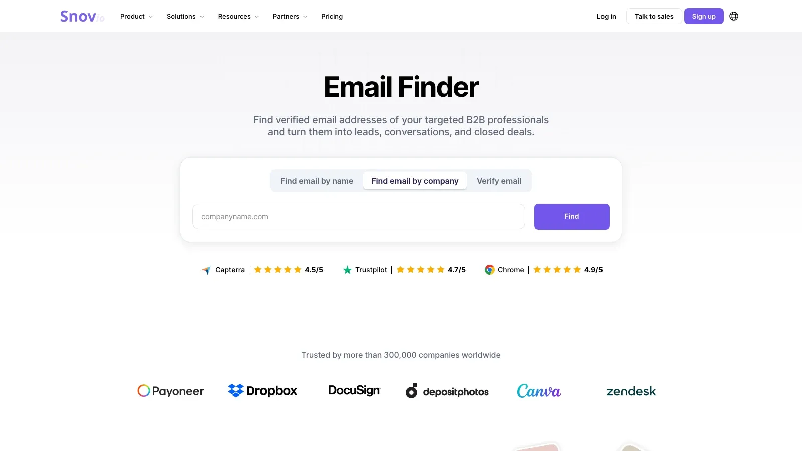 Screenshot der offiziellen Snov.io-Website