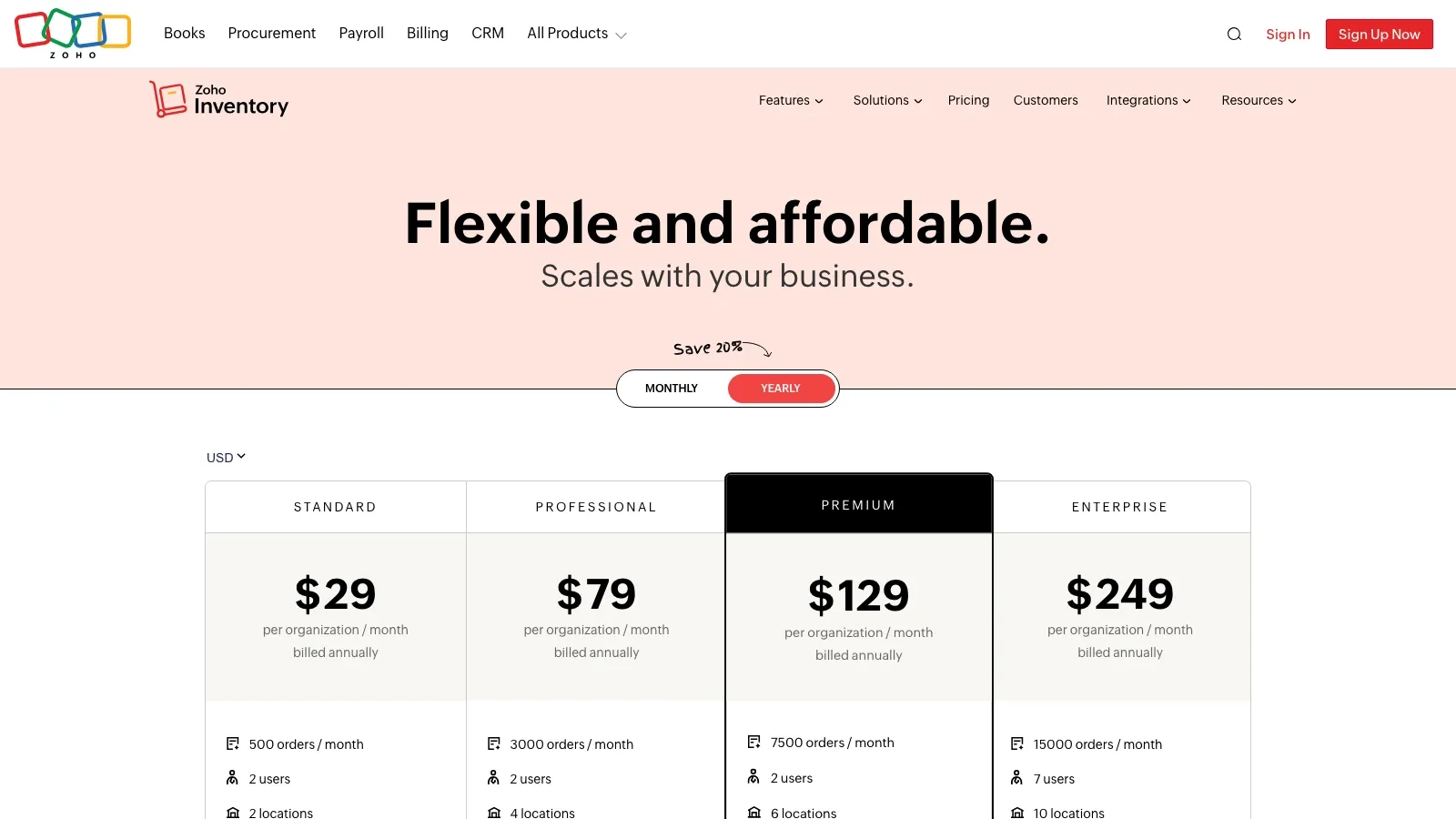 Zoho Inventory official website screenshot