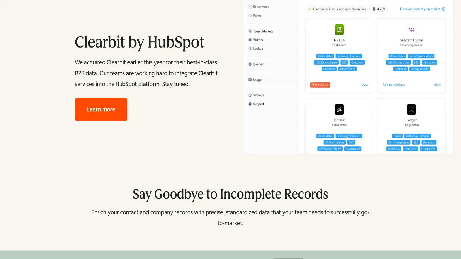 HubSpot 出品的 Clearbit 官网截图