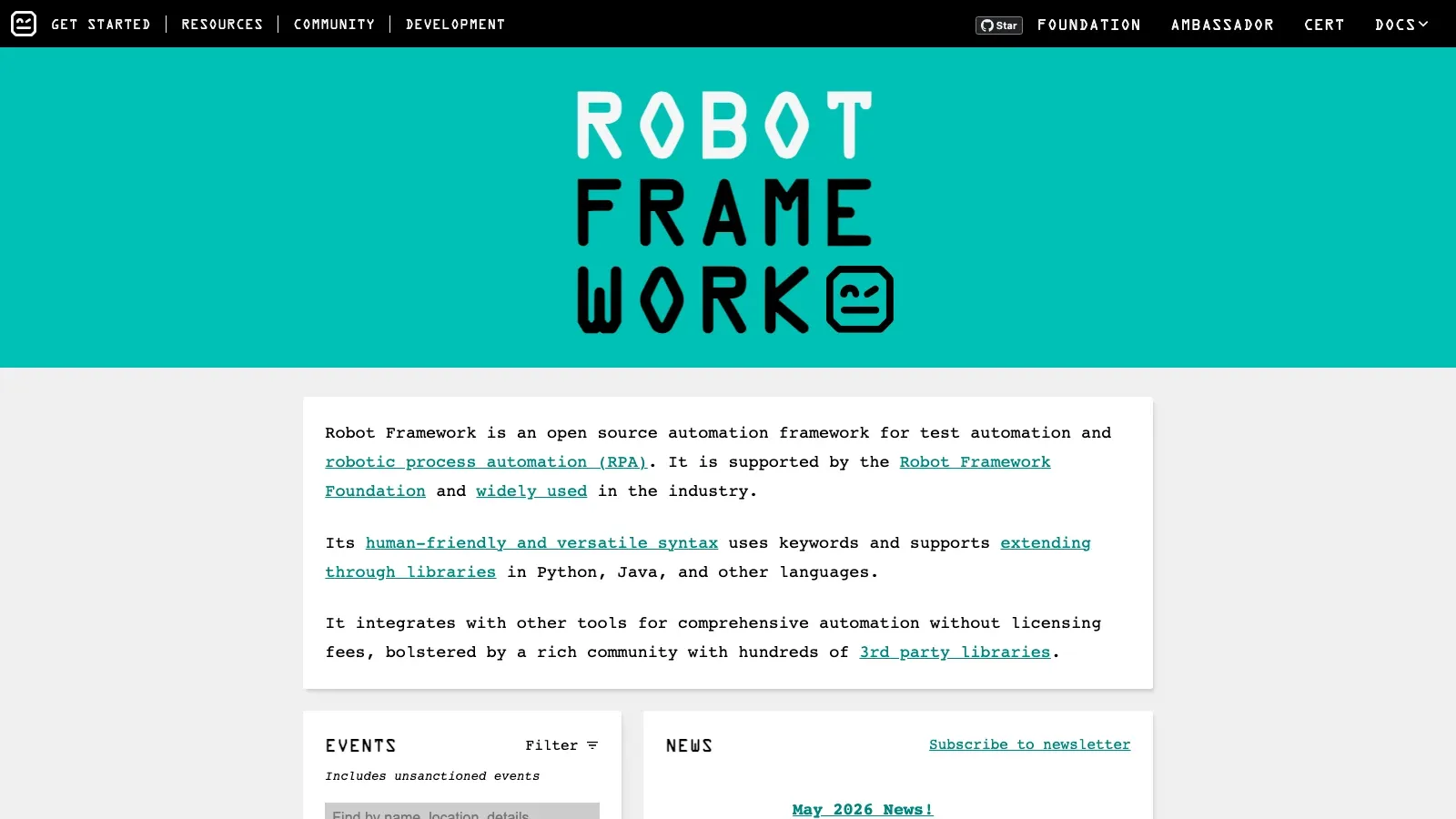Robot Framework official website screenshot
