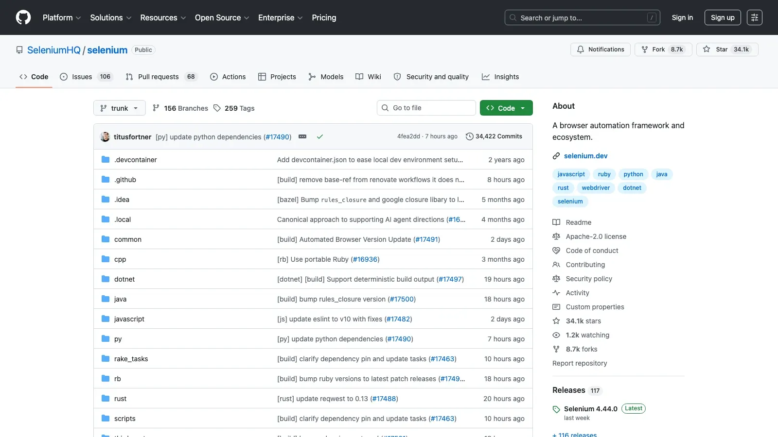 Selenium official GitHub screenshot