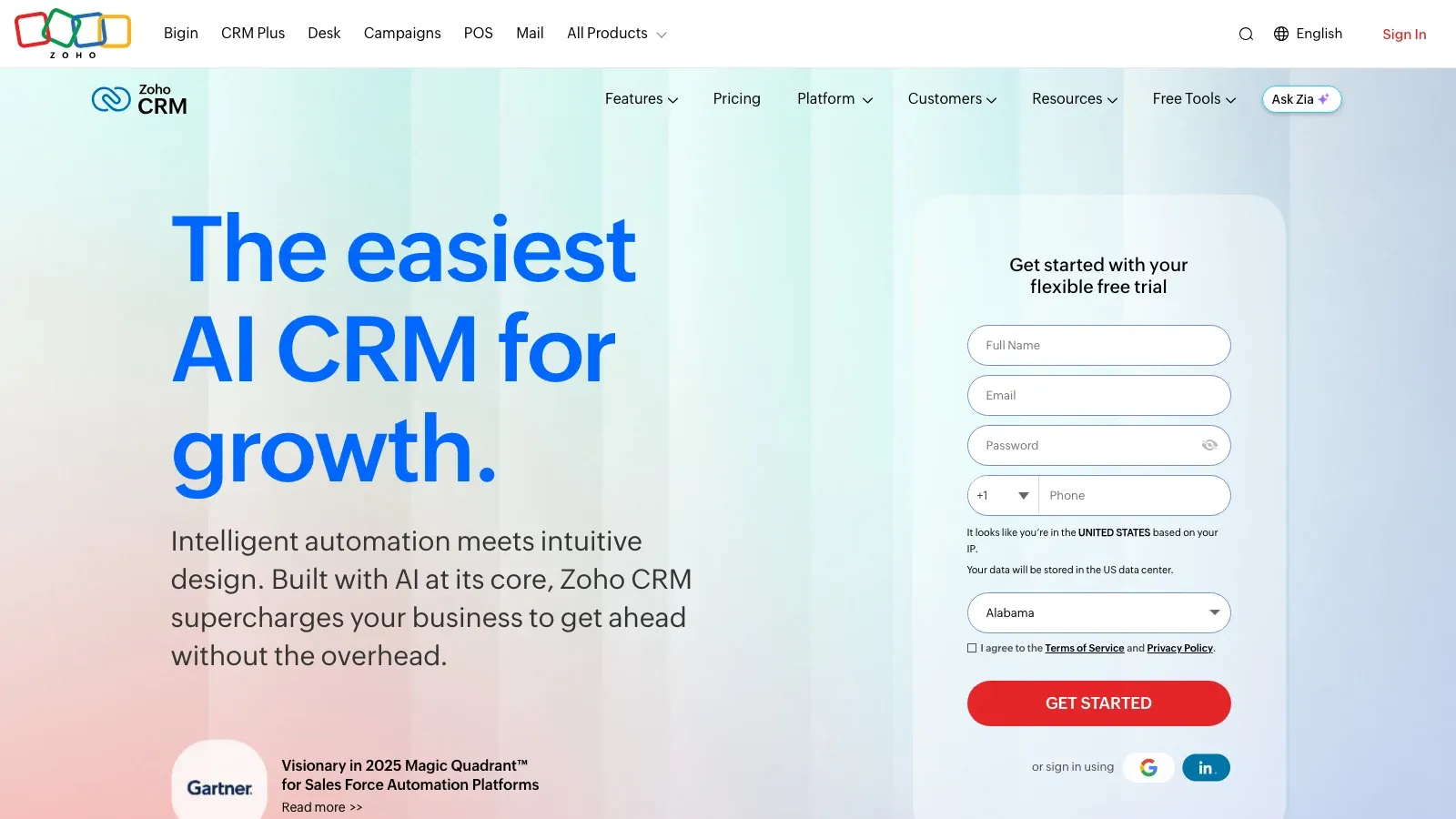 Captura de ecrã do site oficial do Zoho CRM