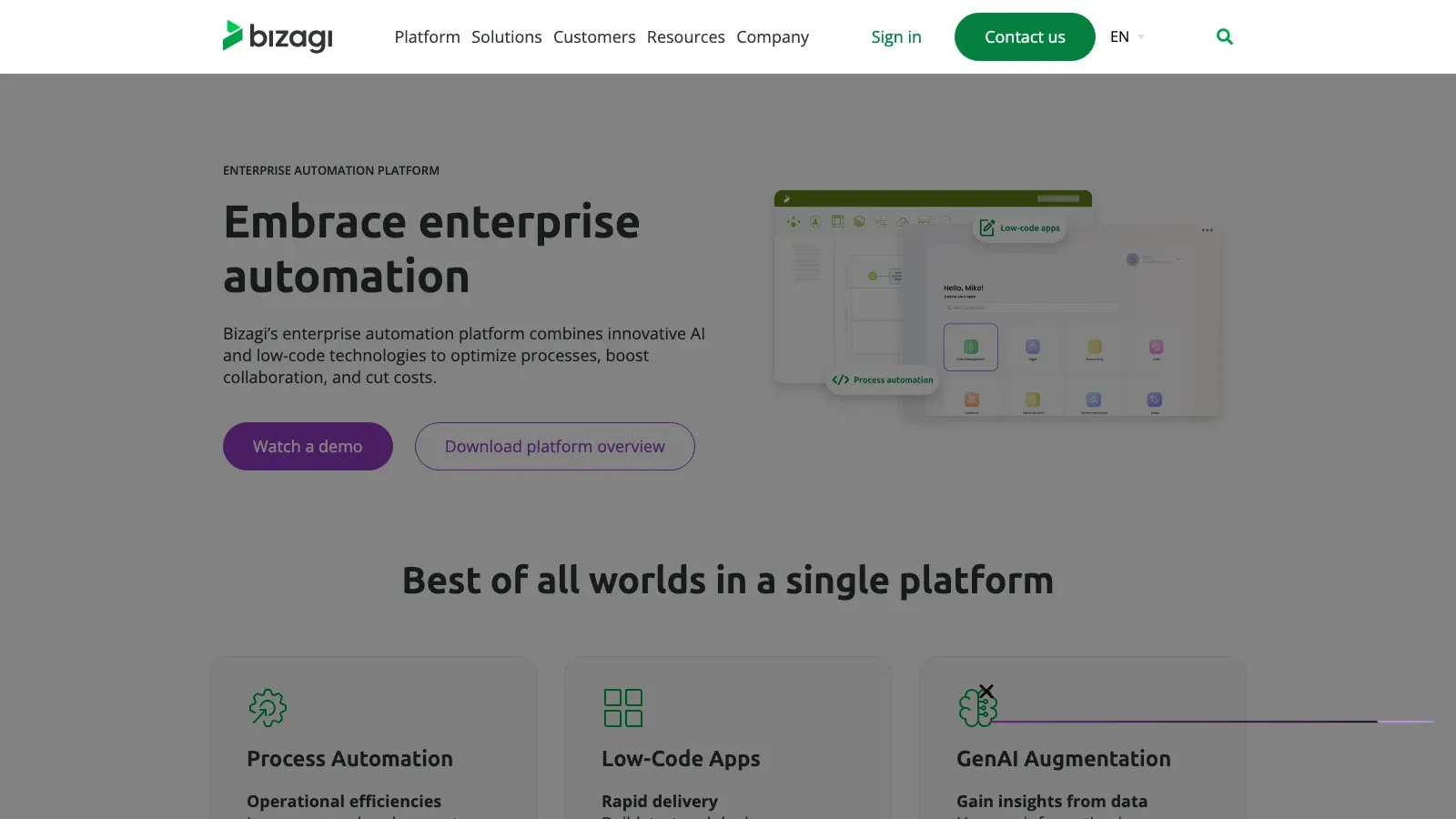 Bizagi offizielle Website als Screenshot