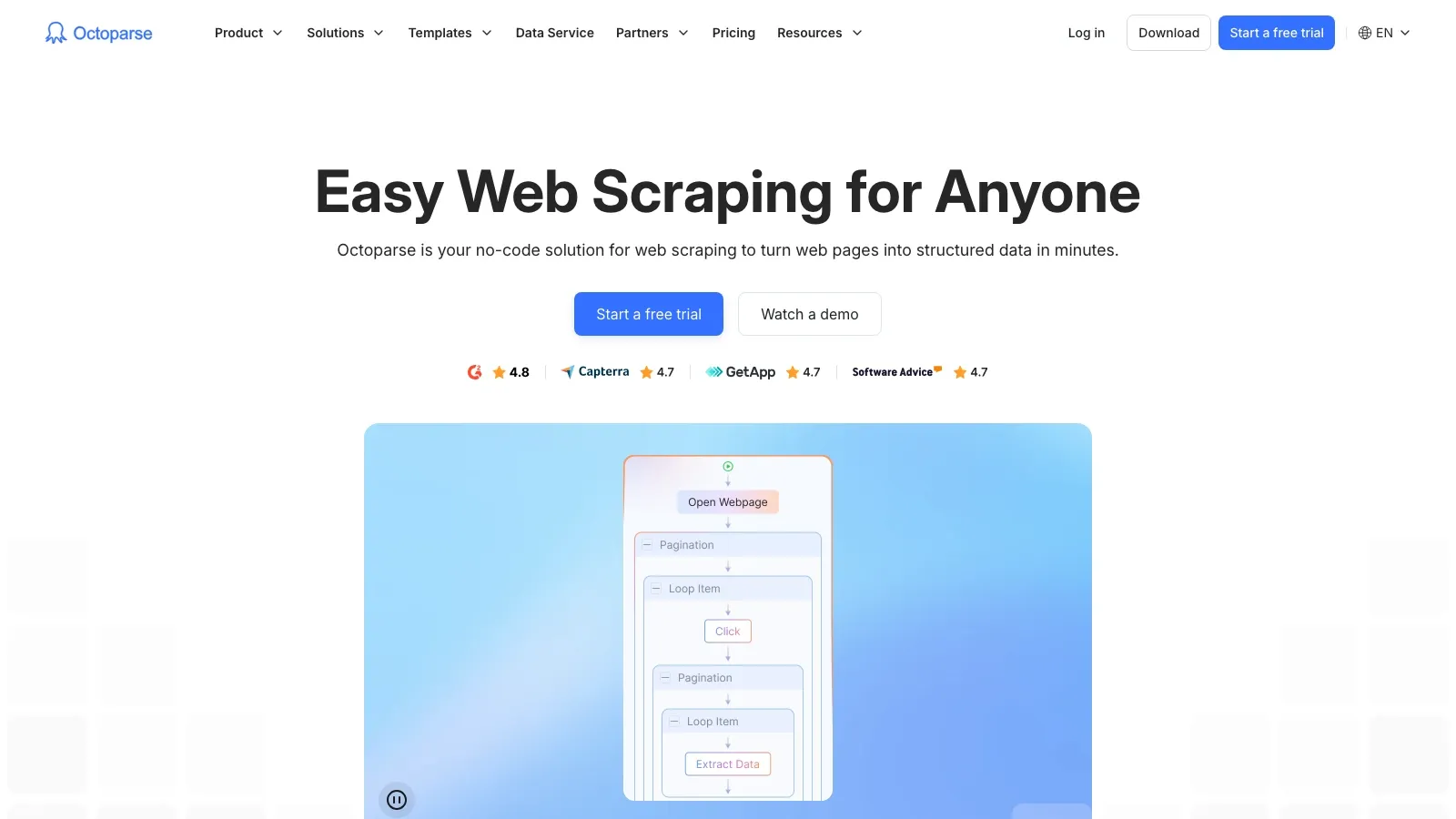 Octoparse 공식 웹사이트 스크린샷
