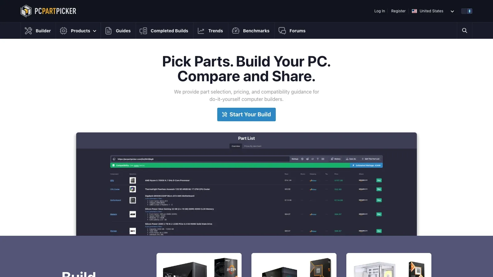 PCPartPicker official website screenshot