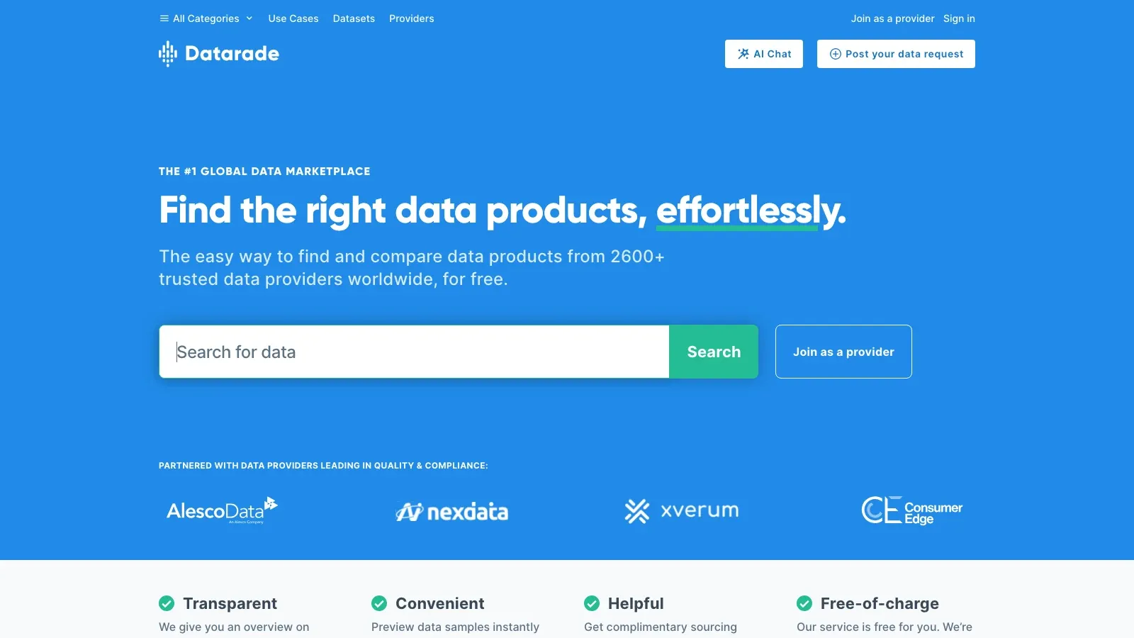 Screenshot del sito ufficiale di Datarade