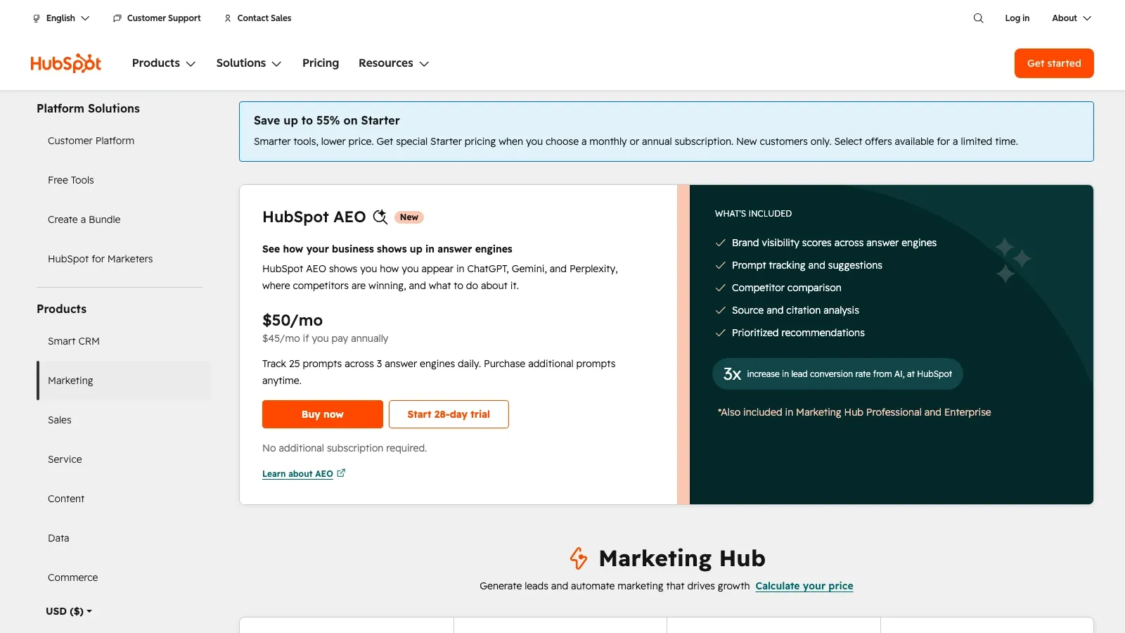 HubSpot official pricing page screenshot