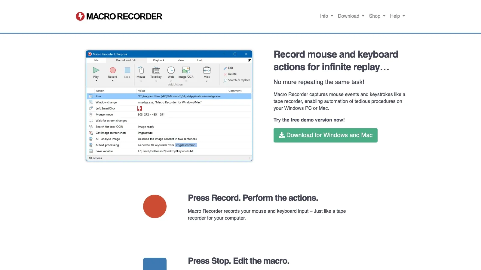 Capture d’écran du site officiel de Macro Recorder