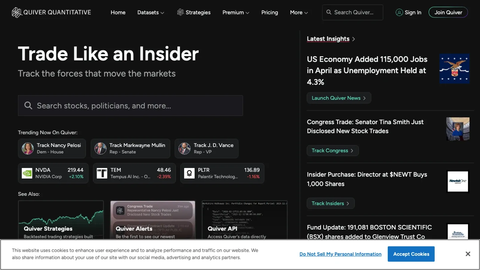 Screenshot del sito ufficiale di Quiver Quantitative