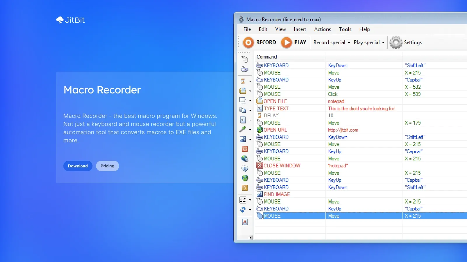 Capture d’écran du site officiel de Jitbit Macro Recorder
