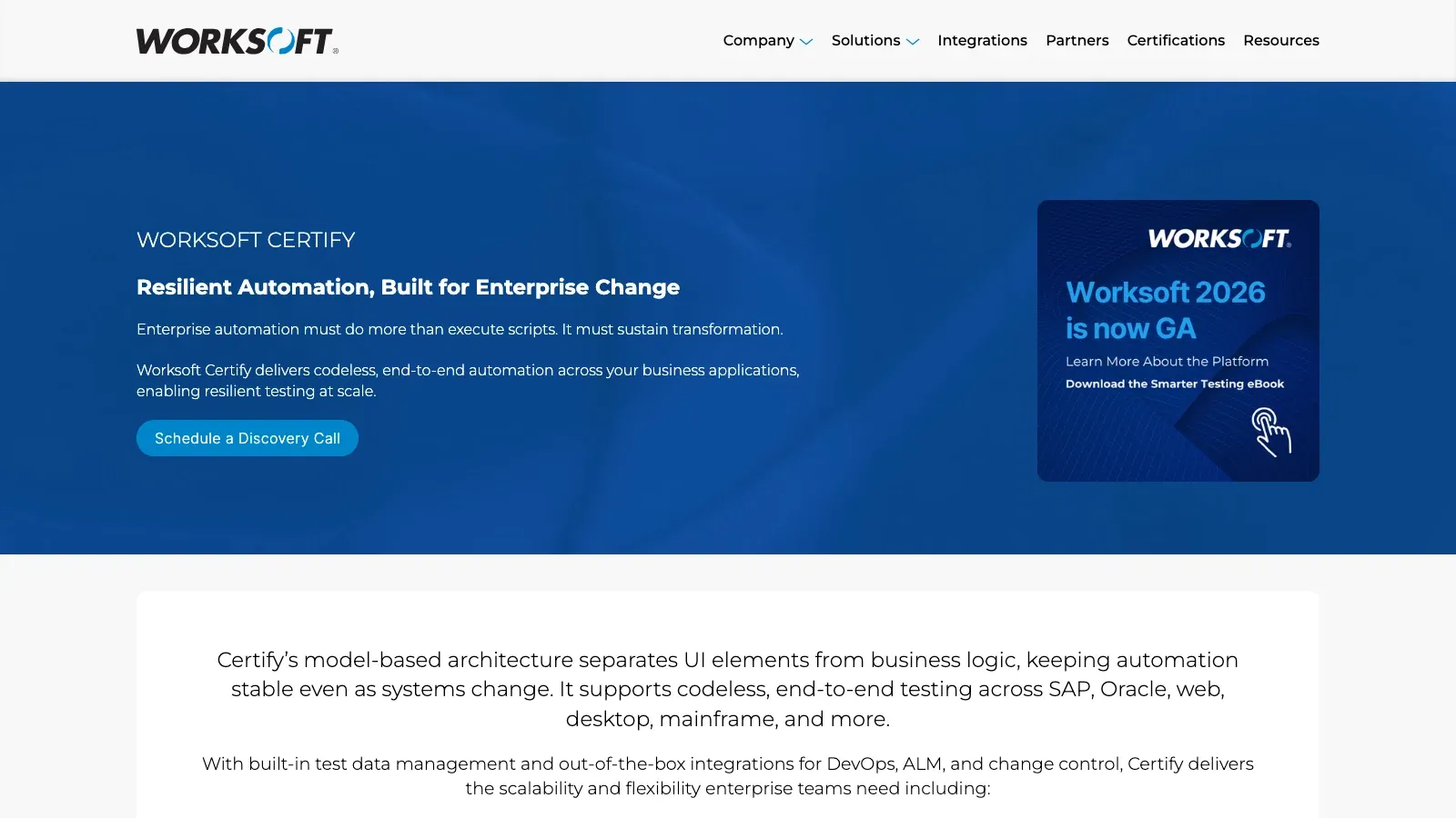Worksoft Certify official website screenshot