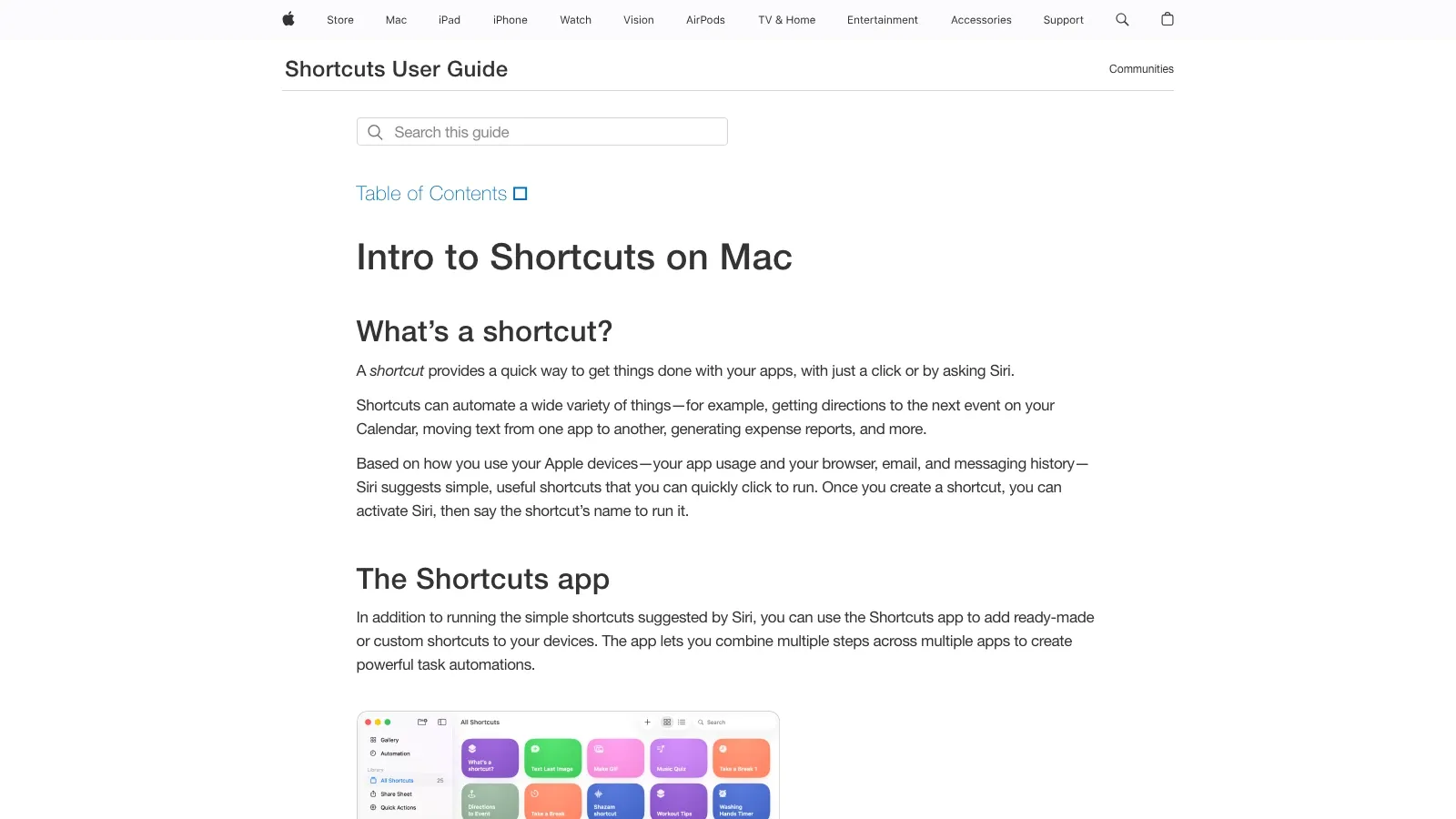 Capture d’écran de la page officielle Apple Shortcuts