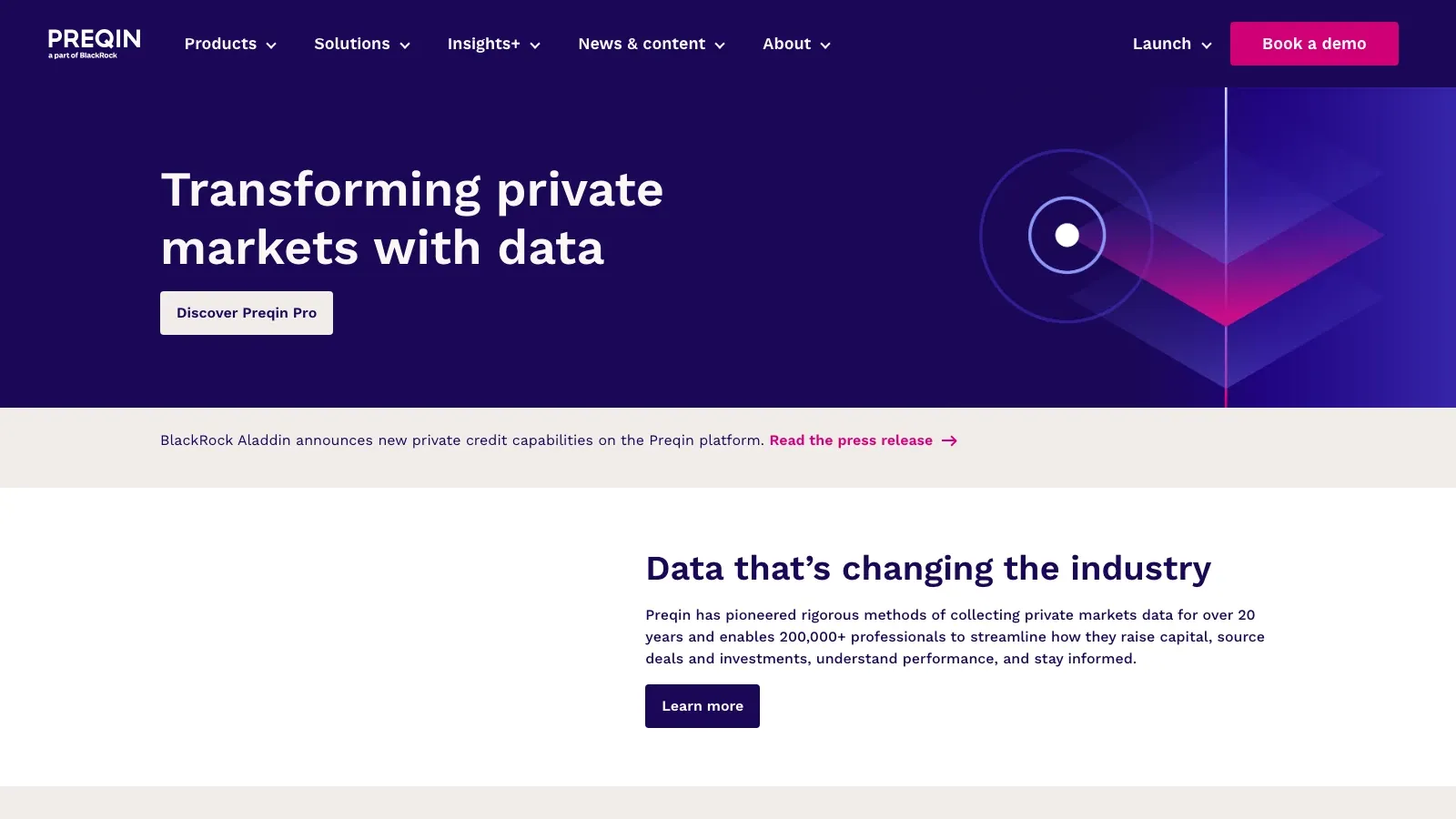 Screenshot del sito ufficiale di Preqin