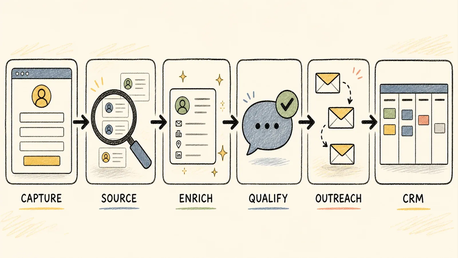 Handgezeichneter Lead-Generation-Stack mit Erfassung, Prospecting, Anreicherung, Qualifizierung und Automatisierung in einem zusammenhängenden Workflow