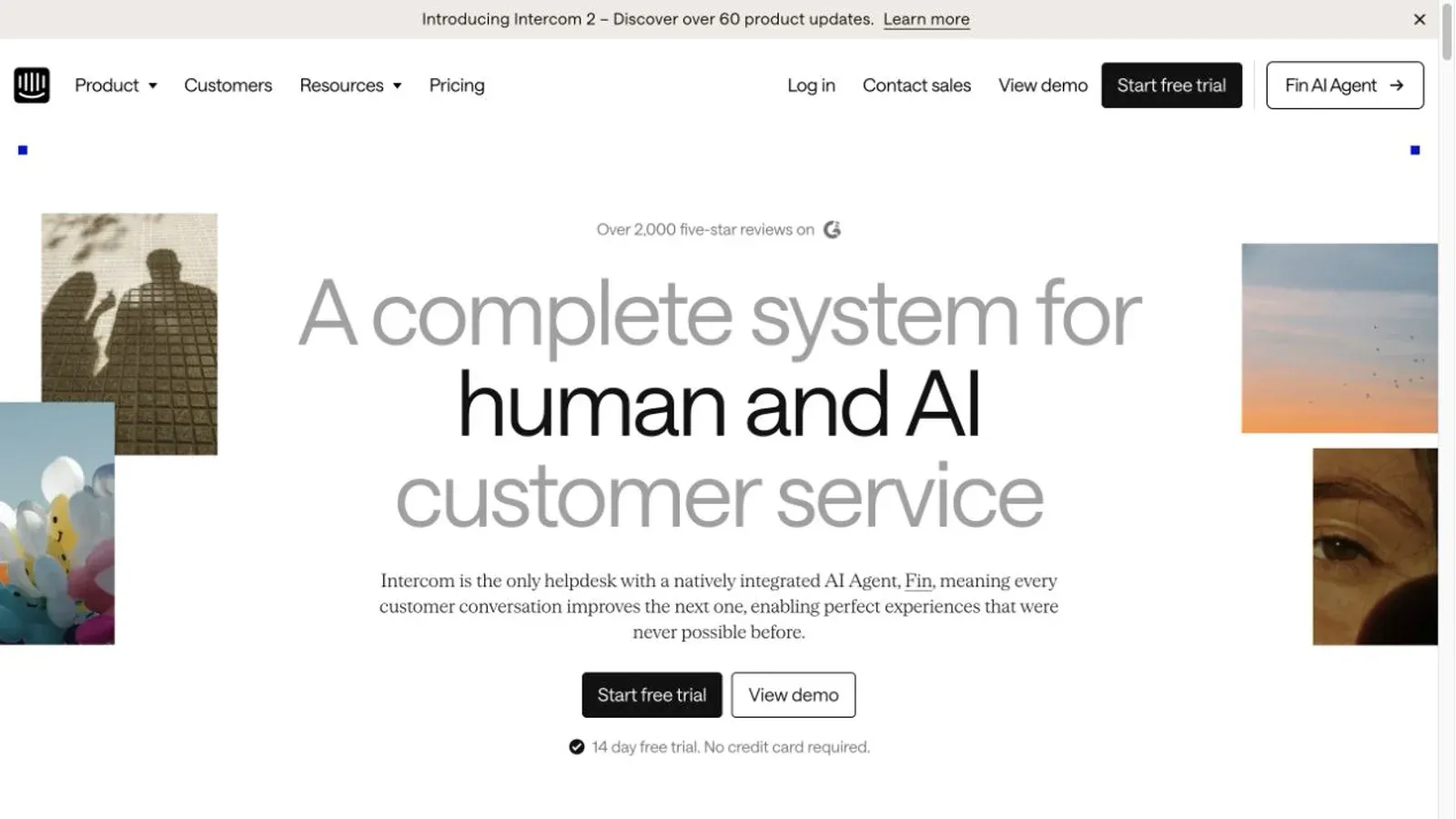 Screenshot der offiziellen Intercom-Website, aufgenommen am 14. August 2026