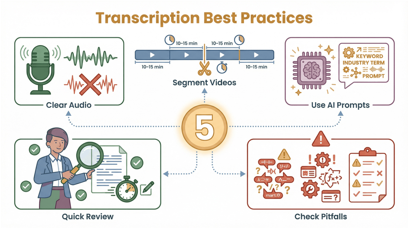 Transcription best practices infographic with icons for clear audio, segmenting videos, using AI prompts, quick review, and checking pitfalls.