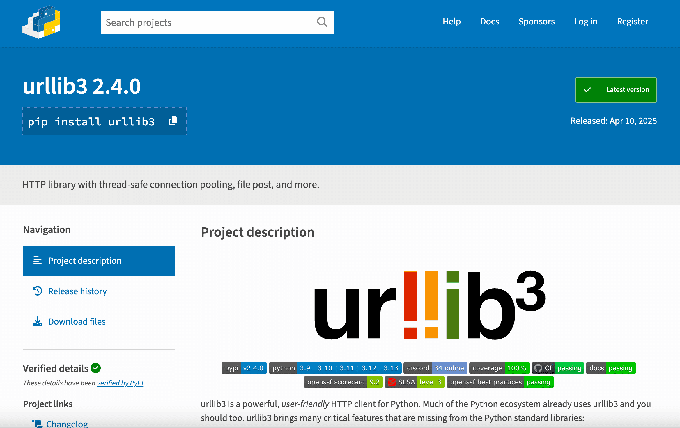 urllib3-pypi-page-python-http-library.png