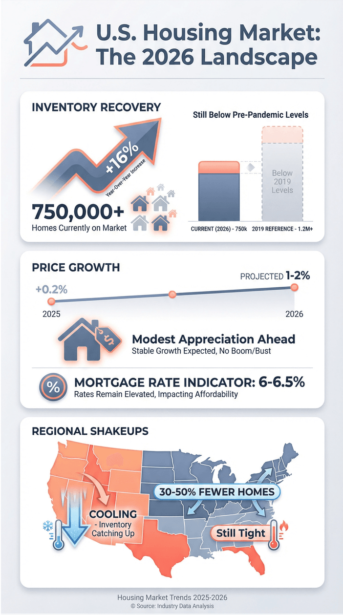 U.S. housing market 2026 trends infographic showing inventory recovery, modest price growth, elevated mortgage rates, and regional differences.