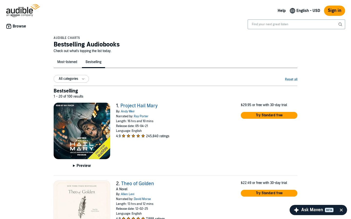 Audible Bestsellers Page