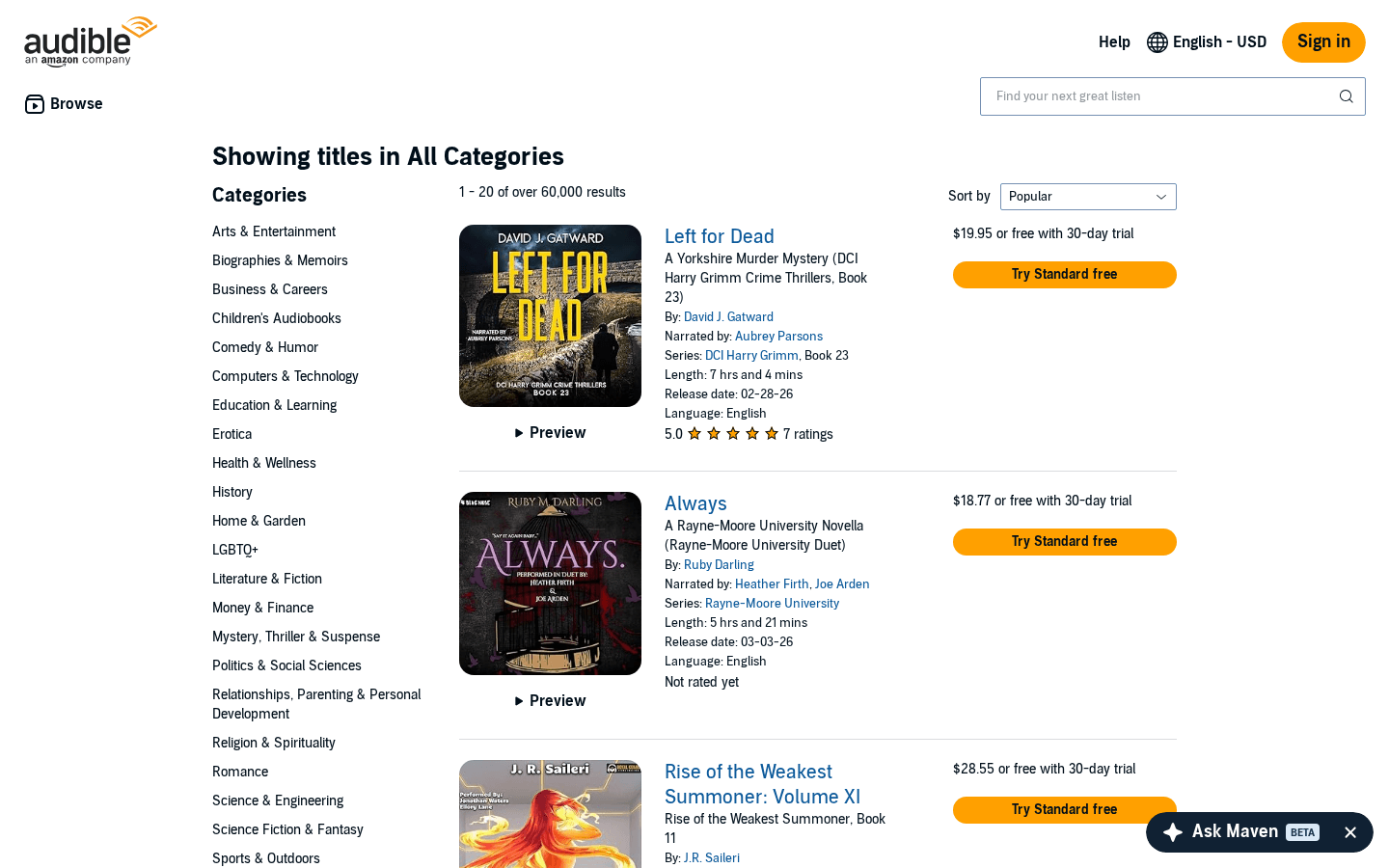 Audible New Releases Page