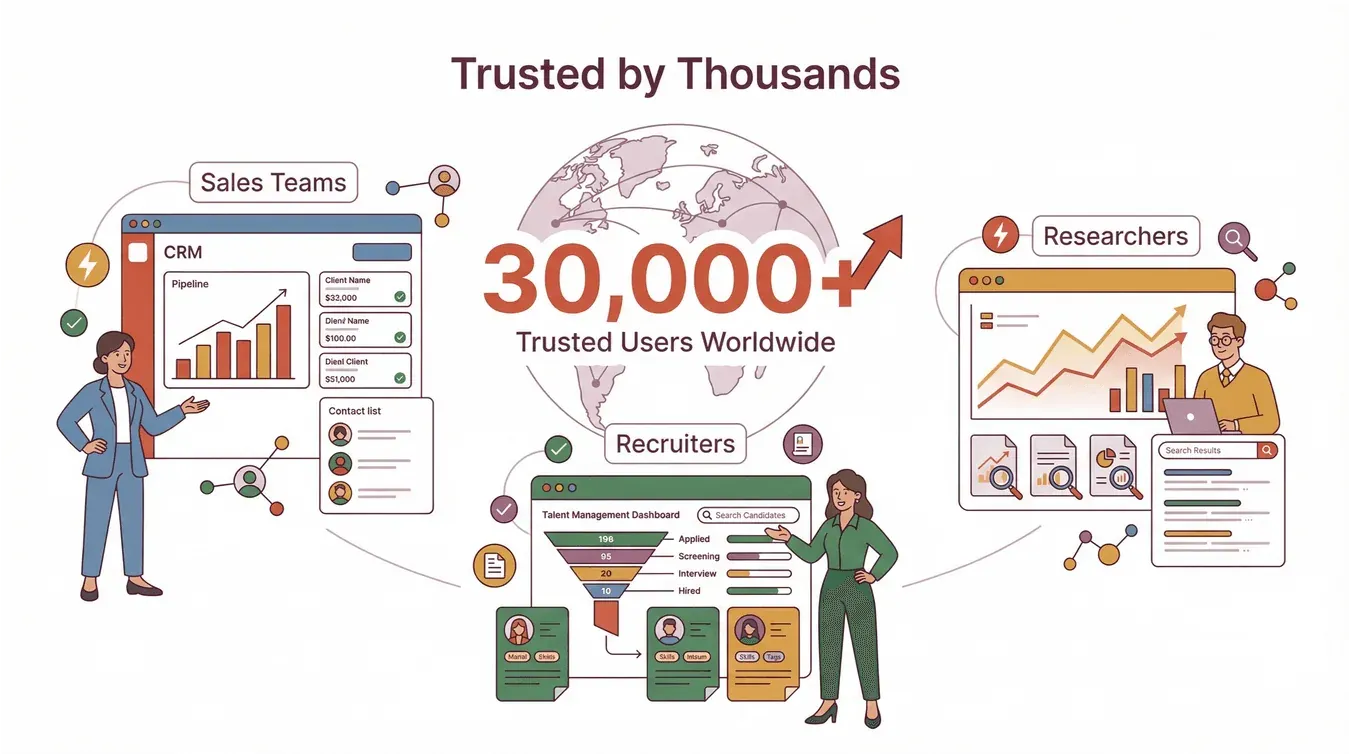  Trusted by thousands infographic showing 30,000+ users including sales teams, recruiters, and researchers with dashboard illustrations
