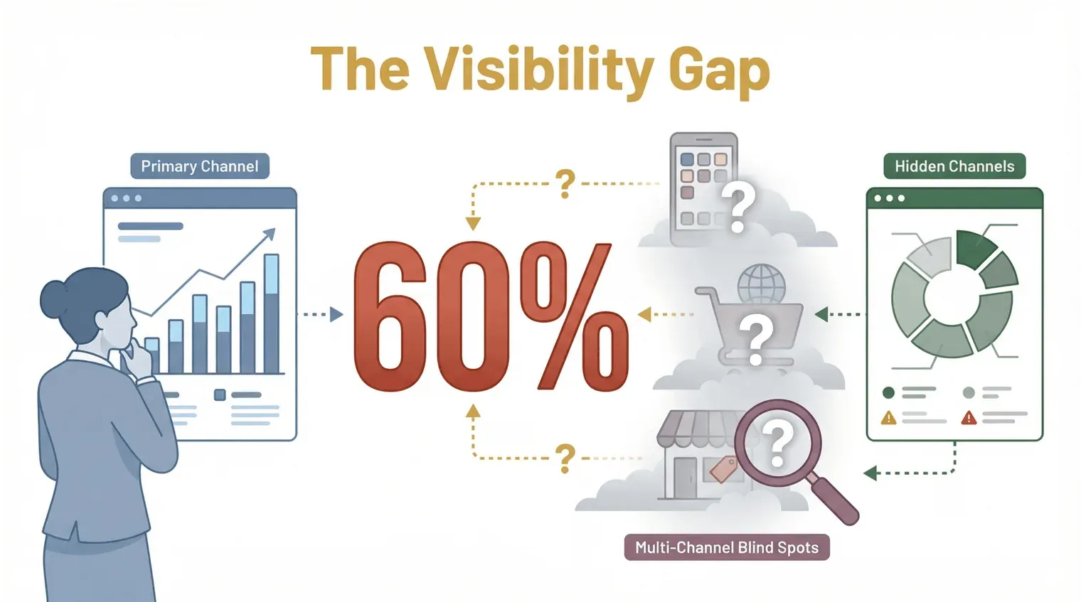 The Visibility Gap infographic showing 60% multi-channel blind spots between primary and hidden channels.