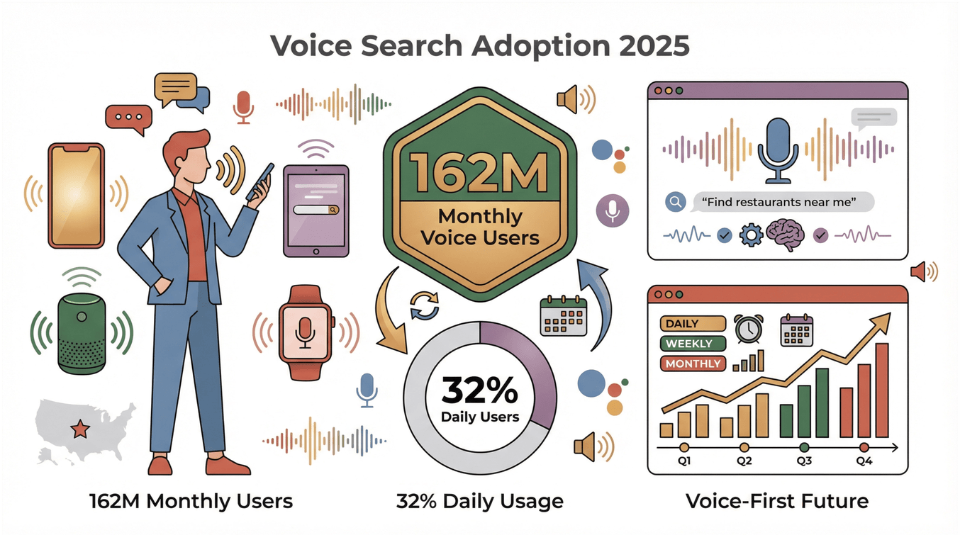  Voice search adoption 2025 infographic showing 162M monthly users, 32% daily usage, and growth trends.