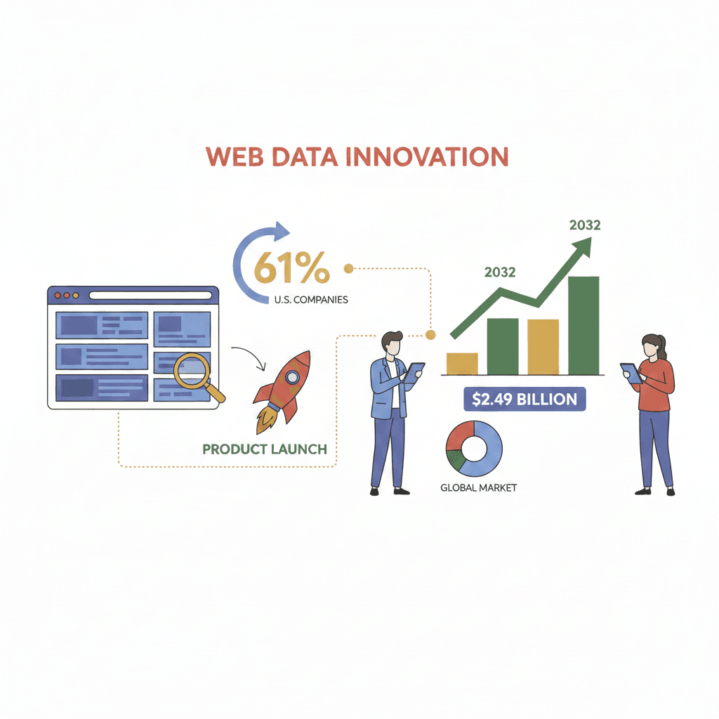Web data innovation infographic with 61% statistic, product launch, $2.49 billion global market, and upward growth chart to 2032