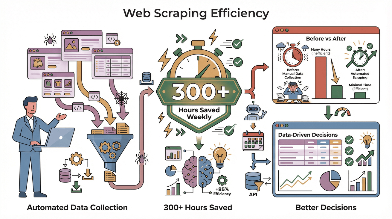  Web scraping efficiency infographic showing automated data collection, 300+ hours saved weekly, and improved data-driven decisions.