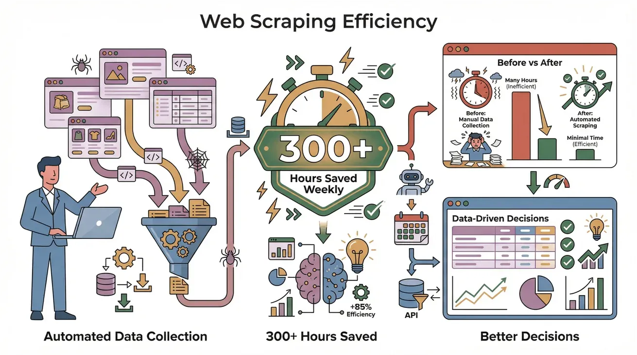 Web scraping efficiency infographic showing automated data collection, 300+ hours saved weekly, and improved data-driven decisions.