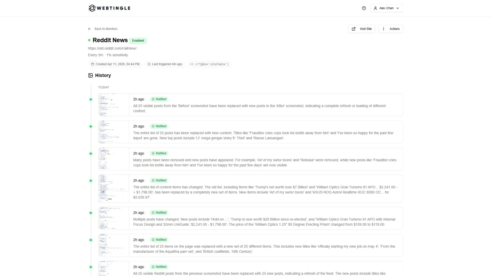 WebTingle change history and AI summaries