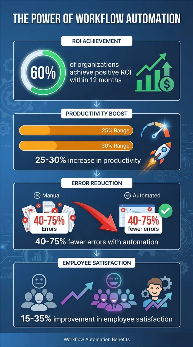 Infografika korzyści automatyzacji workflow pokazująca osiągnięcie ROI, wzrost produktywności, redukcję błędów i poprawę satysfakcji pracowników.
